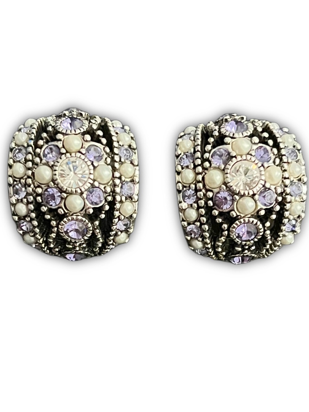 JOAN RIVERS Vtg Signed Silver Tone Clip-On Cluster Stud Earrings Crystal & Pearl